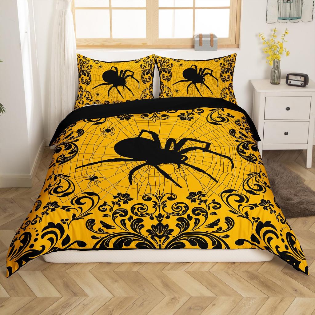 Black White Spider Web Duvet Cover Queen Halloween Gothic Bedding Set for Boys Adults Room Decor Hippie Floral Comforter Cover