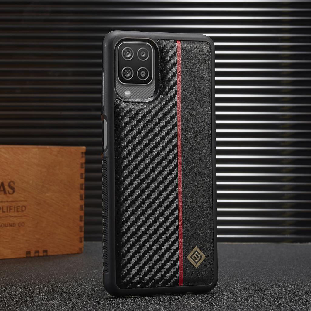 LC.IMEEKE For Samsung Galaxy A12 PU Leather Coated TPU+EVA Case Carbon Fiber Phone Cover