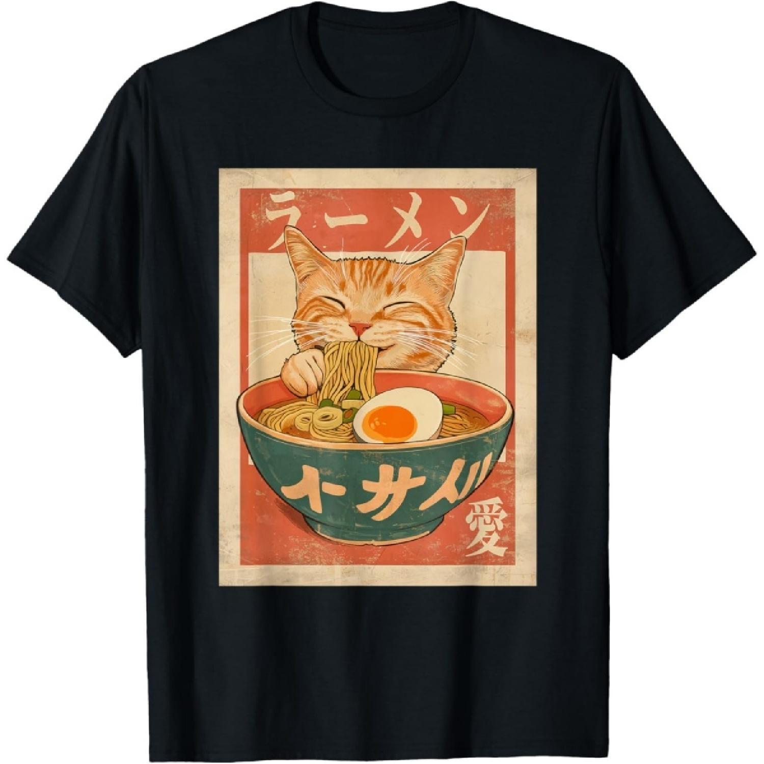 OPWHZVLR Cat Ramen Funny Japanese Vintage Graphic Tee Kawaii Anime T-Shirt S
