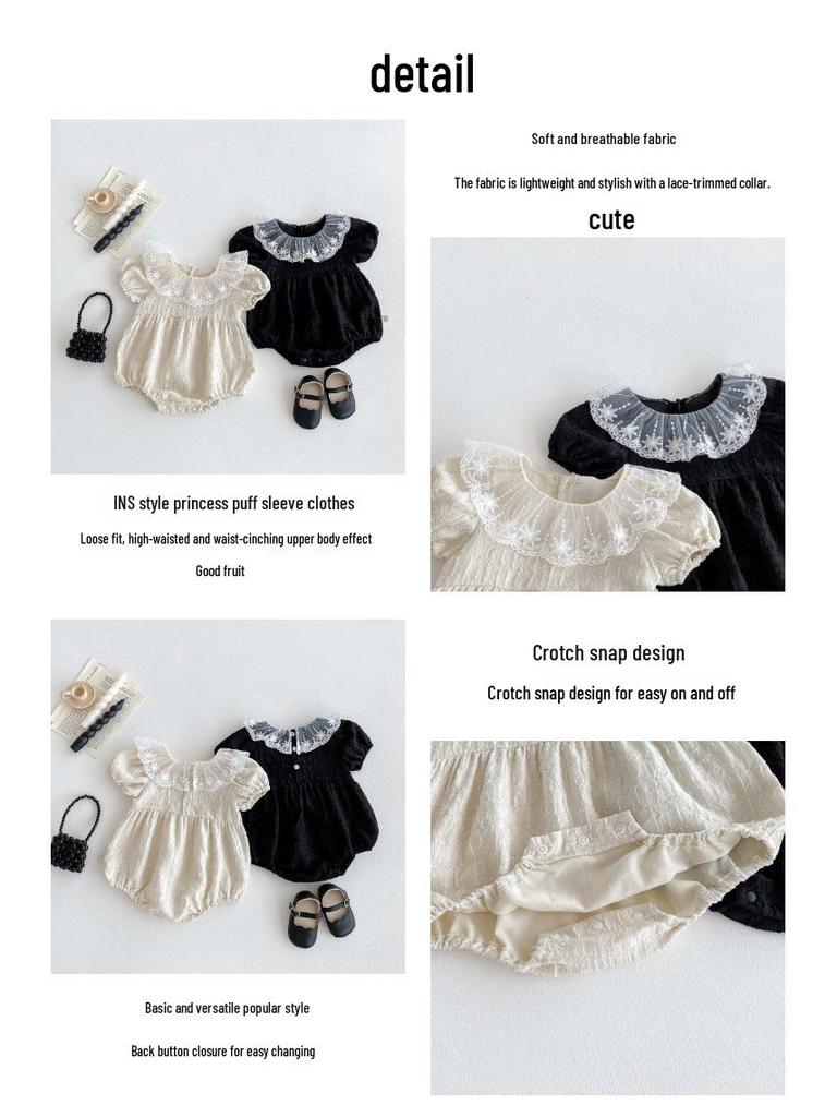 Korean Style Baby Girl Summer Romper with Lace Ruffle & Peter Pan Collar