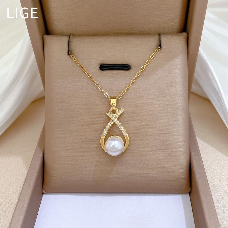 Necklace Earrings Set Light Luxury Full Diamond Cross Pearl Personality Temperament Banquet Earrings Item Group