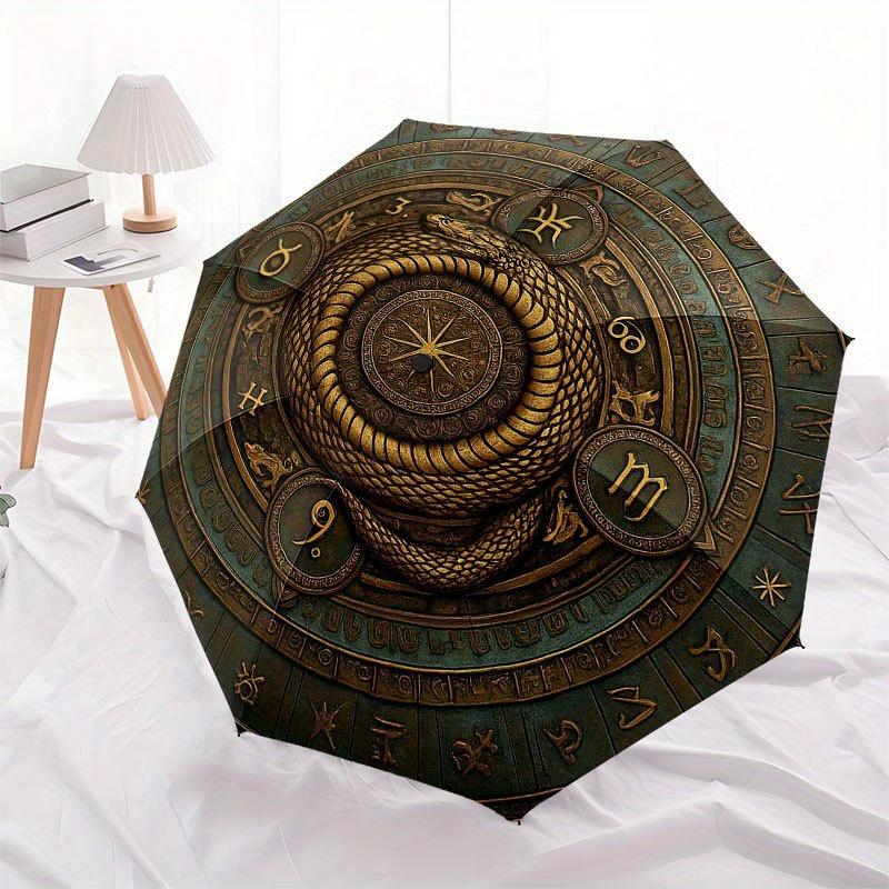 Golden Serpent Zodiac Wheel: Mystical Astrological Decor Umbrella, Portable 3-Fold Compact Umbrella for Men & Women R159