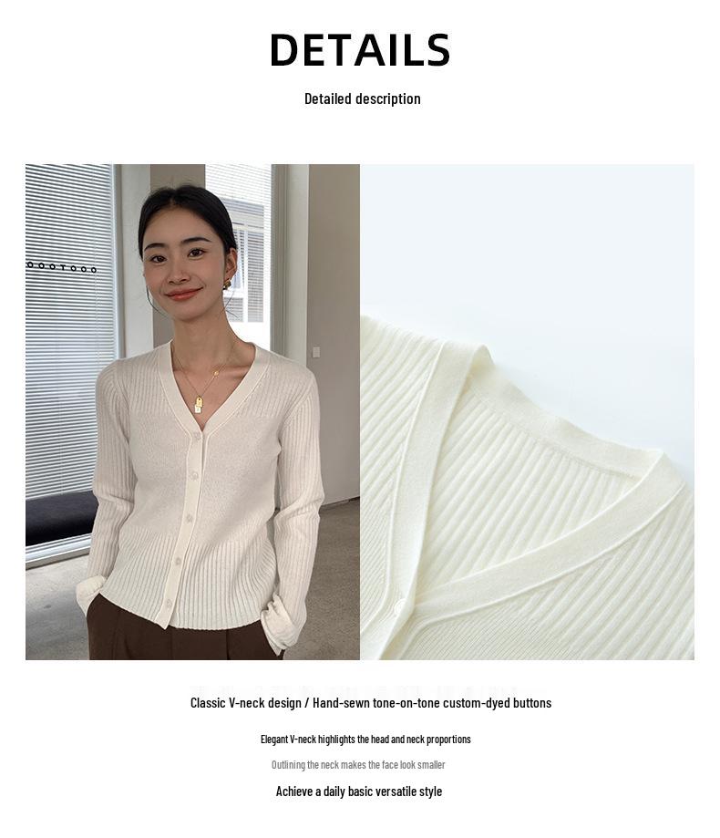 Women's Slim Fit V-Neck Cashmere Cardigan - 2024 Autumn/Winter Solid Color Knit Top