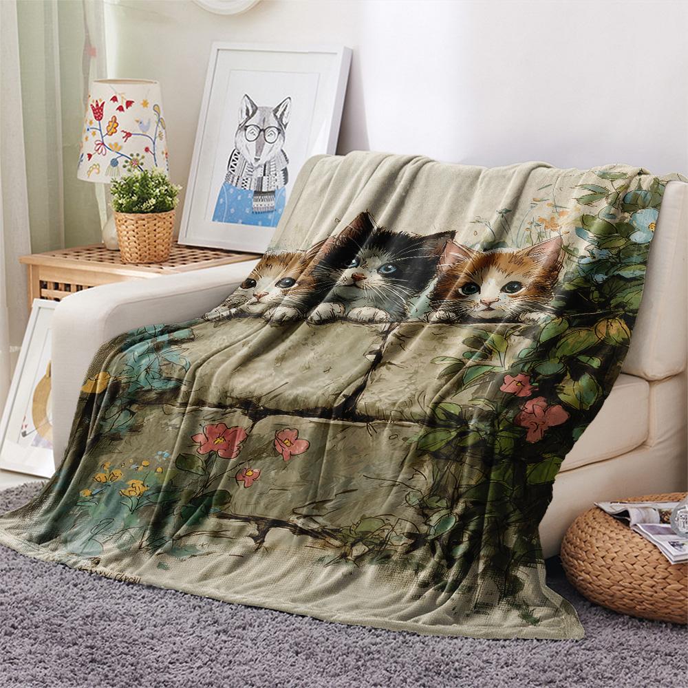 Peeking Cats Print Flannel Blanket, High quality Comfortable for All Seasons, Home Decor, Warmth and Comfort