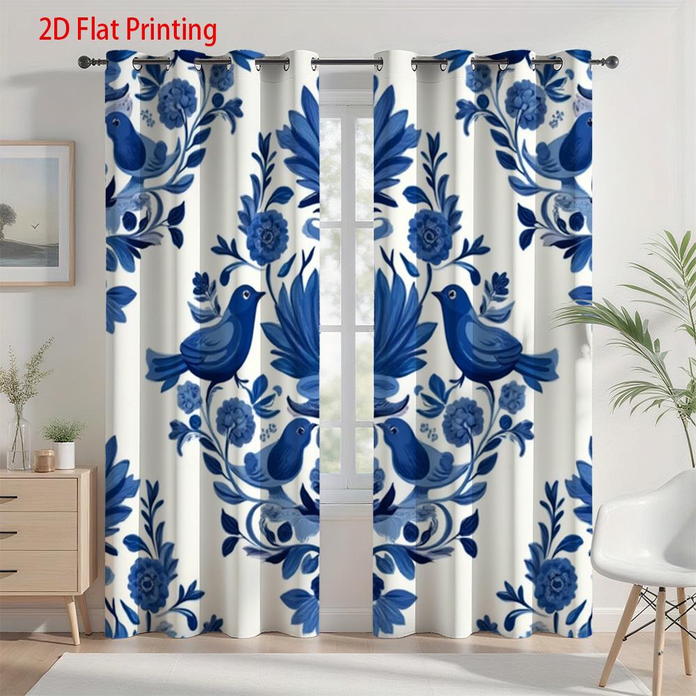 

2pcs Blue & White Floral Bird Pattern Curtains - 2D Flat Printing Semi-Transparent Polyester Fabric Grommet Top for Easy Hangi 100*130 HOOK 1pcs
