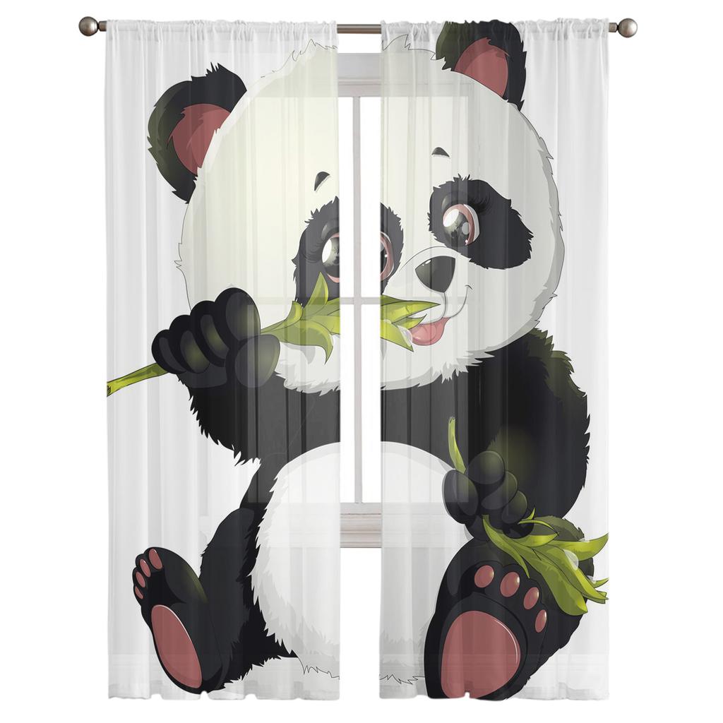 Animal Cute Panda Bamboo Tulle Curtain For Living Room Bedroom Modern Sheer Curtains Decorative Window Treatment