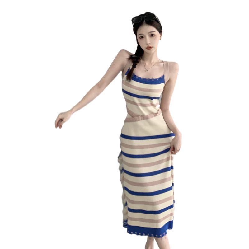 Women's Slim Fit Sleeveless Striped Knit Dress - Color Block Halter Neck for Summer 2024