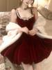 SISI JIANG "New Year Battle Robe" - French Lady Red Velvet Rhinestone Waist-Cinching Elegant Puff Skirt Dress