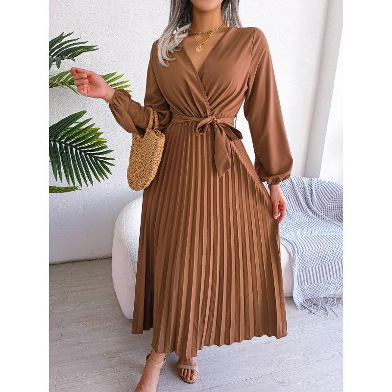 VEZFAA Women's Fashion Summer Spring Solid Color Print Long Sleeve V-Neck High Waist Casual Dresses