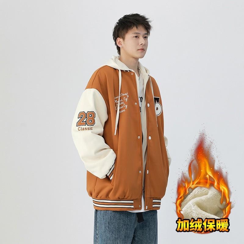 Mens Fleece-Lined Hooded Oversized Workwear Jacket With Color-Block Design Winter Fall