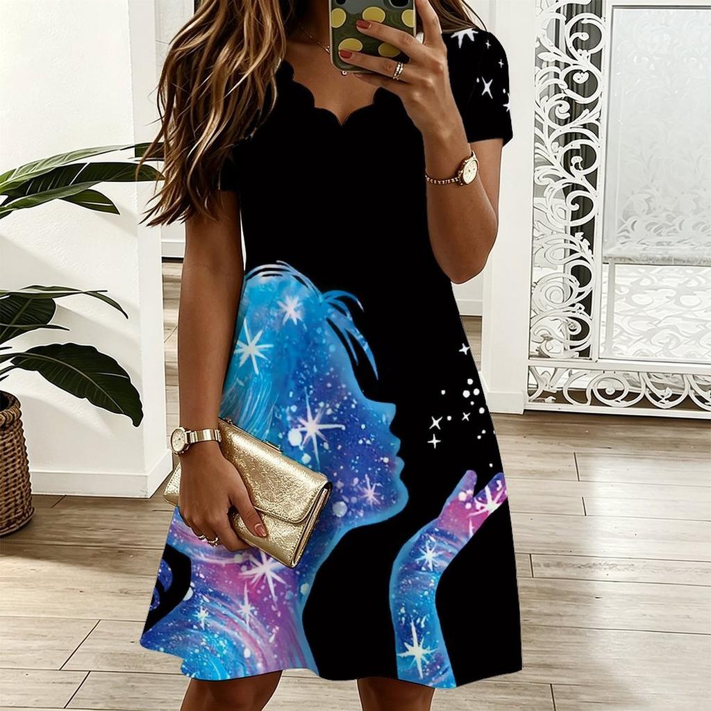 Womens Plus Size V Neck Short Sleeve Dress Geometric Printed Loose Dress For Daily And Vacation Wear