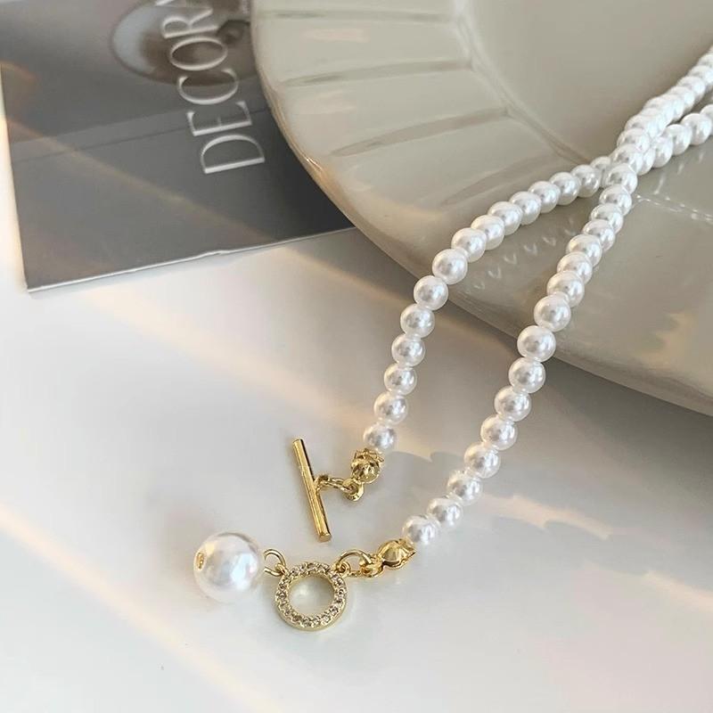 Collana O-ring Impreziosita con Diamanti e Perle Finte - Stile Cool Catena a Collare di Perle ad Alto Contrasto
