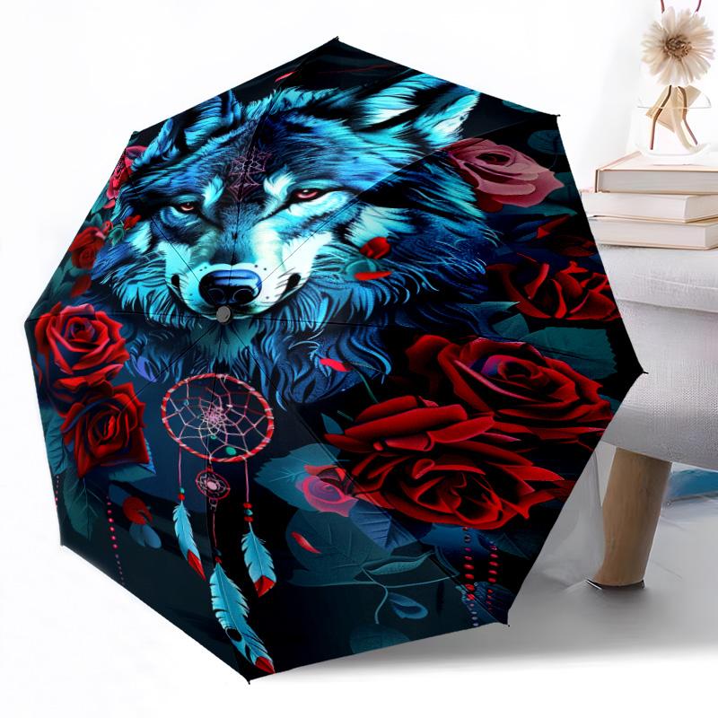 Wolf Yin Yang Automatischer Outdoor-Regenschirm Einziehbares Design mit 8 Speichen Langlebig Leicht Perfektes Geschenk für Freunde Familie