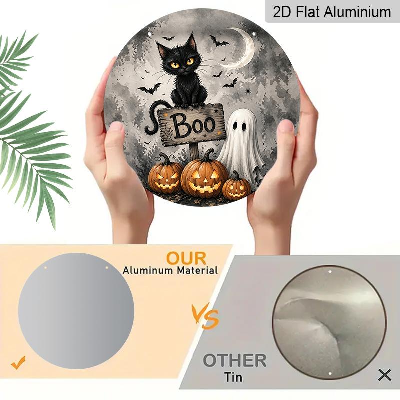 2D Flat, 1pc Round Aluminum Hanging Sign, Vintage Watercolor Black Cat Ghost Pumpkin Boo Printed Plaque, Spooky Rustic Farmhouse Halloween Front Door