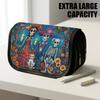 1pc Large Capacity Thickened Oxford Flip Top Pencil Case Suitable for School & Office, Retro Skeleton Family Design Multifunctional Storage Bag with D