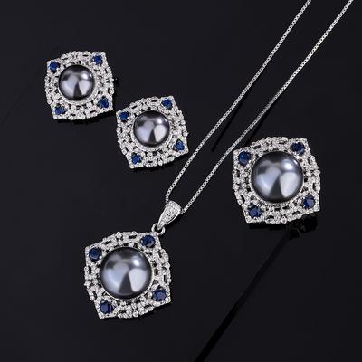 Jewelry Copper Bottom Gold-Plated Inlaid Fritillary Pearl Simulation Sapphire Color Diamond-Set Temperament Gray Bead Set