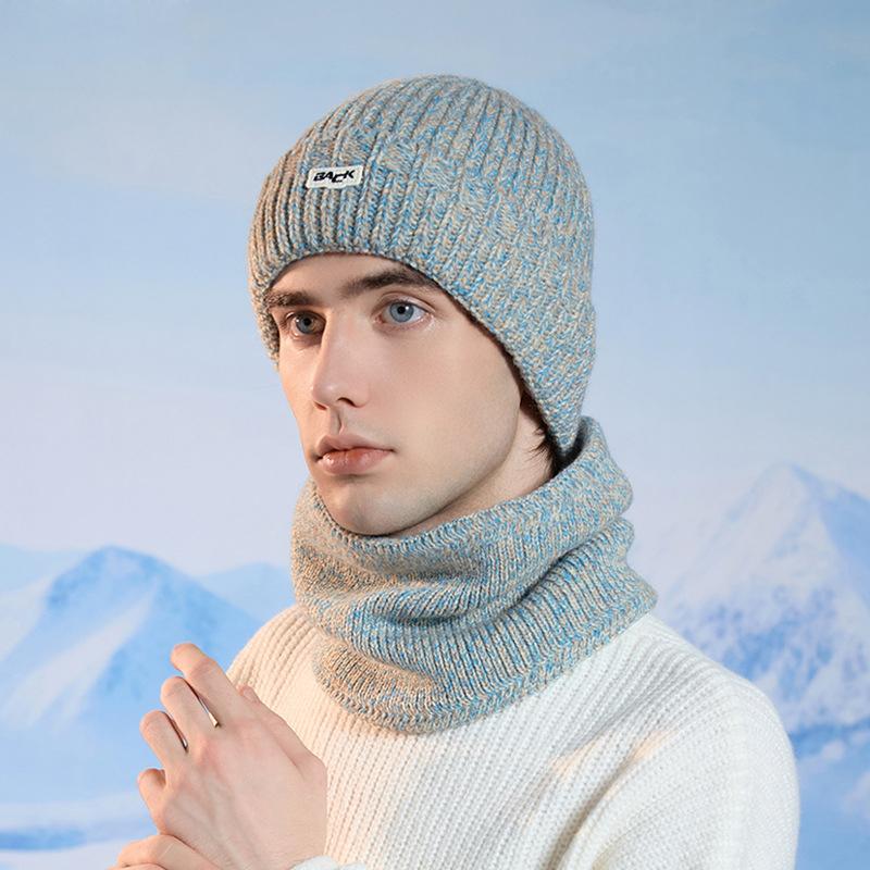 Winter Outdoor Warm Knitted Wool Hat Men's Fleece Cold-Proof Hat Scarf Two-Piece Set Windproof Ear Protection Cap