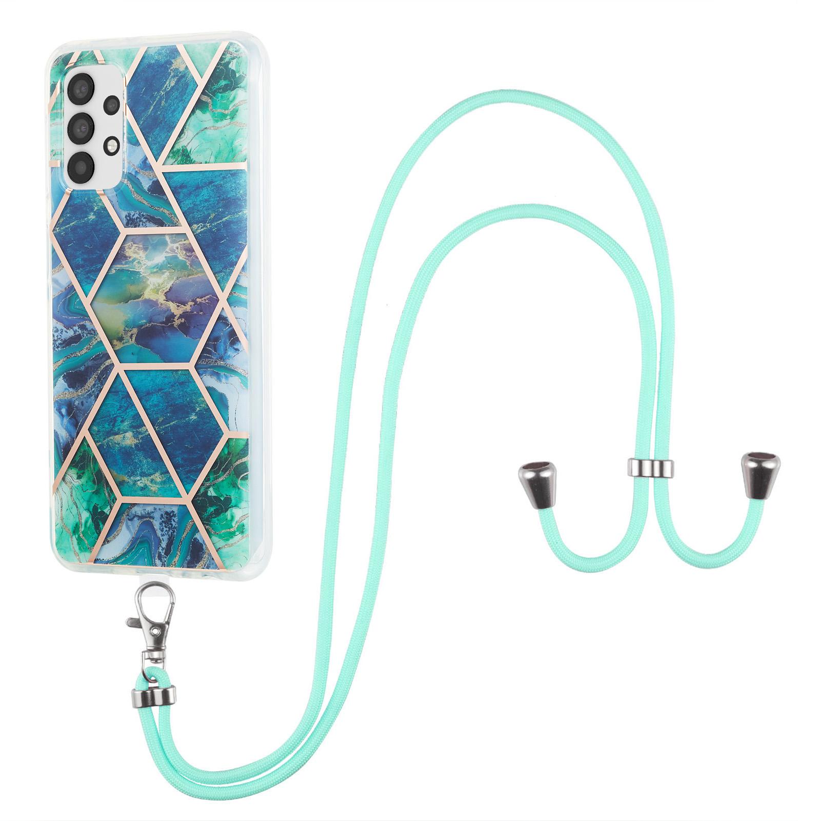 

For Samsung Galaxy A23 4G/5G (Global Version) Case with Long Strap Splicing IMD Marble Pattern TPU Back Cover Blue/Green
