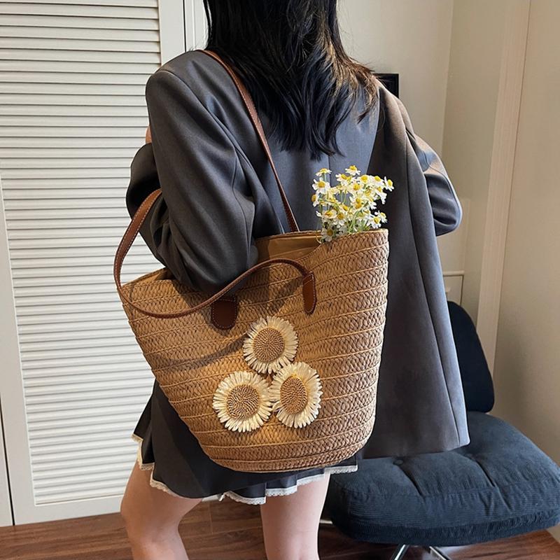 Yogodlns Damen Sommer Stroh Gewebt Große Kapazität Korb Schultertasche Handtaschen Mode Floral Dekor Luxus Designer Strand Bali Shopper Totes