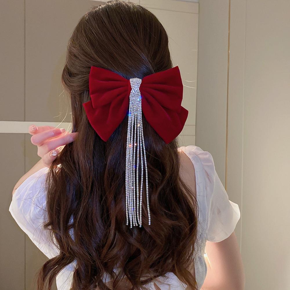 Cloth Bowknot Spring Clip Rhinestone New Year Hairpin Red Velvet Bow Hair Clip Ponytail Holder