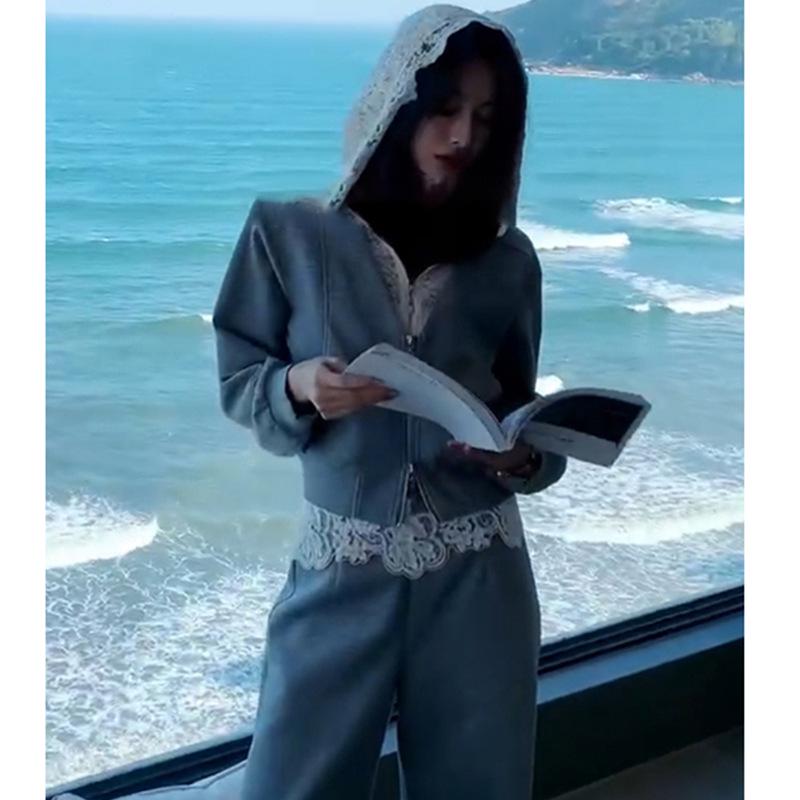 

Korean Style Elegant Lace Patchwork Hoodie & High Waist Casual Pants Set for Women M