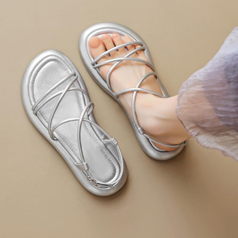 

Модные женские балетки больших размеров, летние новинки, с круглым носком, открытым носком, тонким ремешком, мягкой подошвой, противоскользящие, износостойкие римские сандалии 40 серебряный