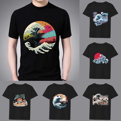 T-shirt Man's Classic Black Anime Street Sunset Wave Series Fashion Casual Simple O-neck Youth Commuter Wear Comfortable Top