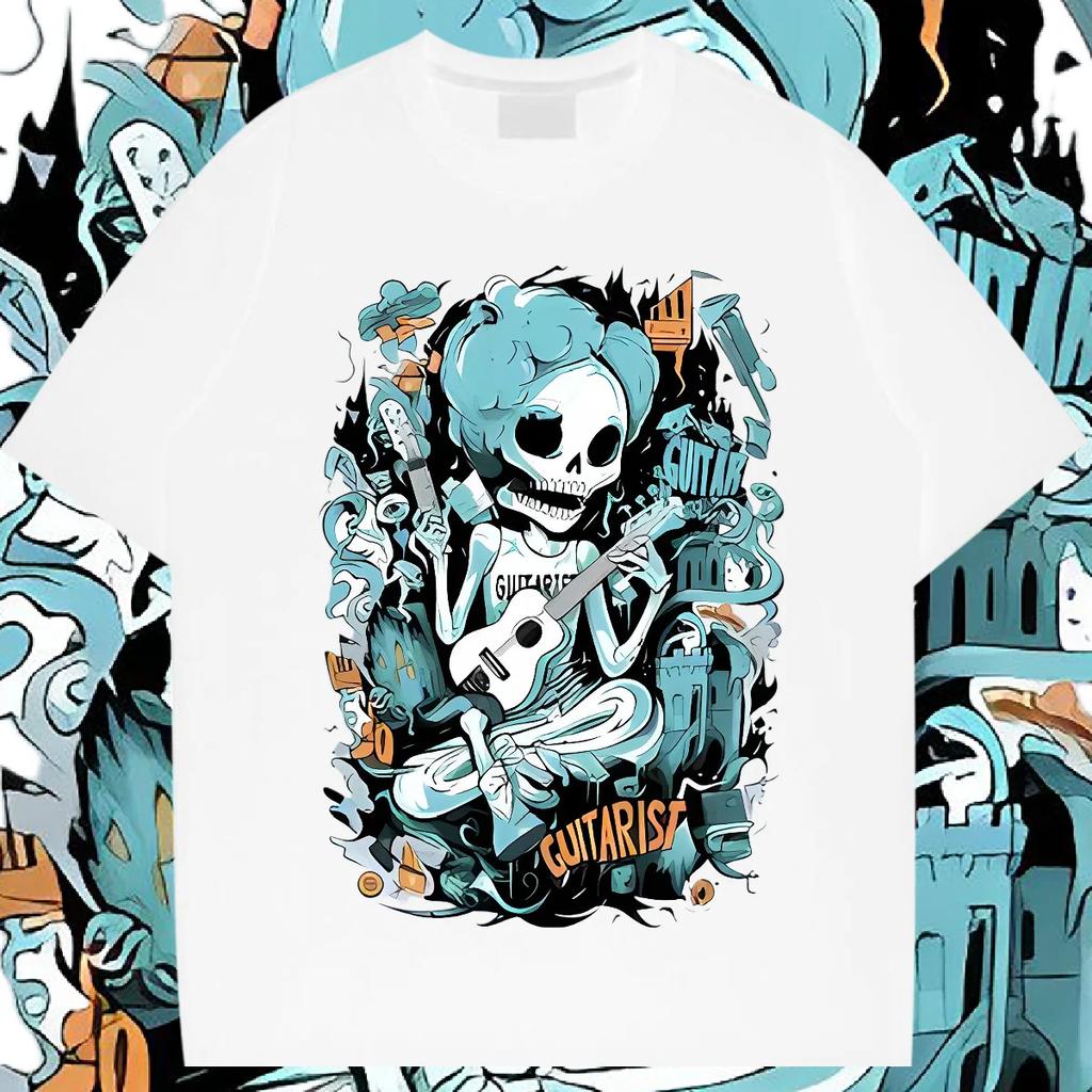 Dödskalle Lös Oversize O-ringad T-shirt Amerikansk Retro För Män T-shirt Tryckt Casual Komfort T-shirt Bekväm Rapstil Tee