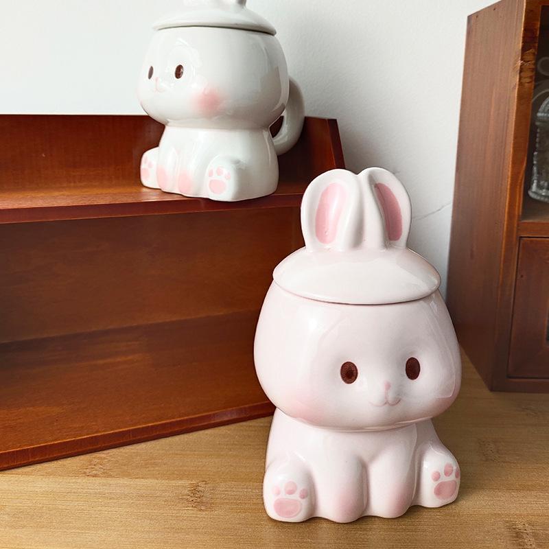 Soft Cute Healing Ceramic Rabbit Shape Mug with Lid Spoon Cute Girl Heart Student Dormitory Drinking Cup