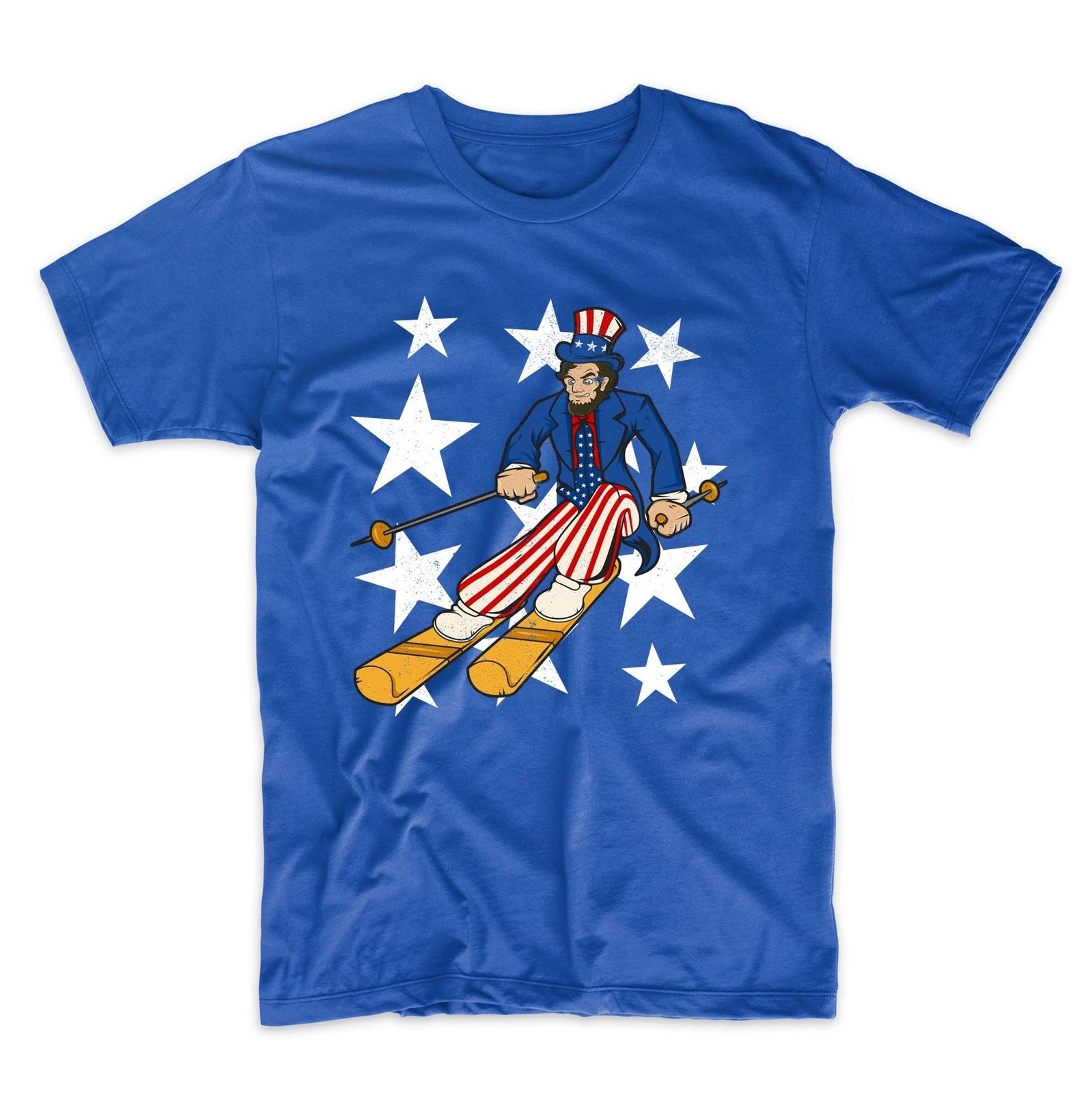 Abraham Lincoln Skiing Funny 4th of July Skier Blue T-Shirt XL