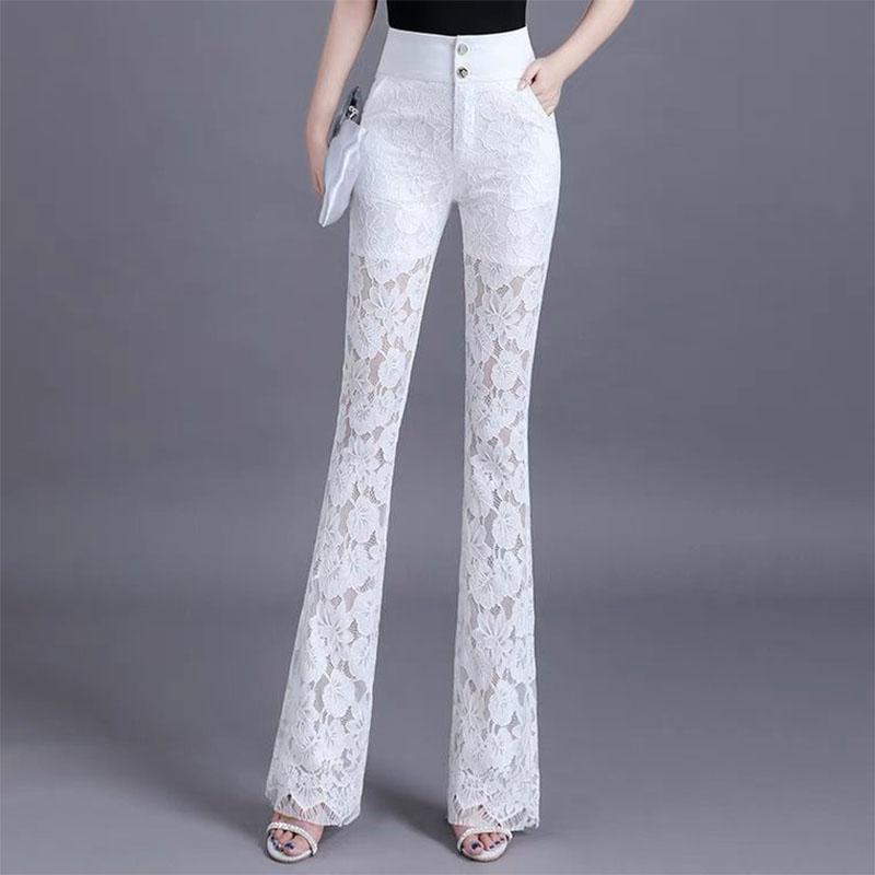 Y2k Korean Pant Suits Lace Hollow Out Summer Thin Flare Pants High Waist Solid Women Elegant Casual Fashion Female Trousers 2022