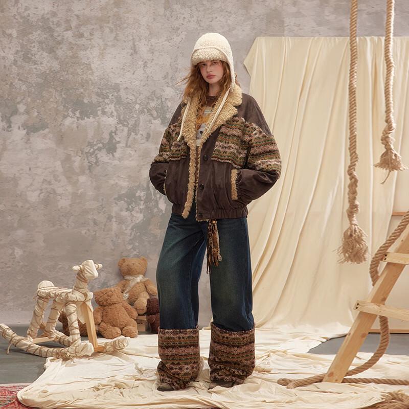 UNIFREE Vintage Fair Isle Suede Patchwork Lamb Fleece Jacket