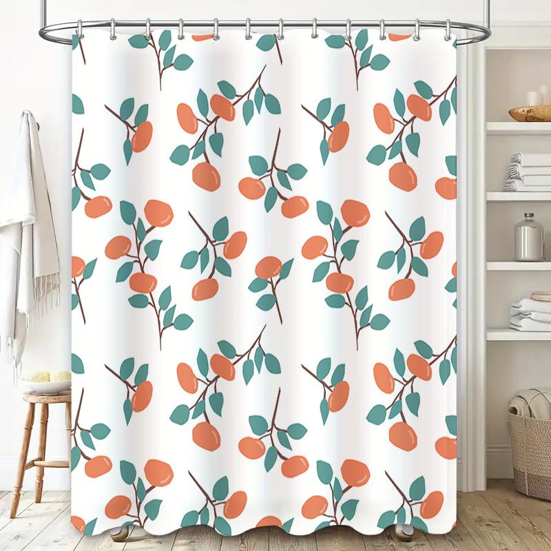 Delightful Floral Shower Curtain Set Modern Bathroom Decor with White Base + 12 Hooks in Green Leaves Orange Blossoms Design