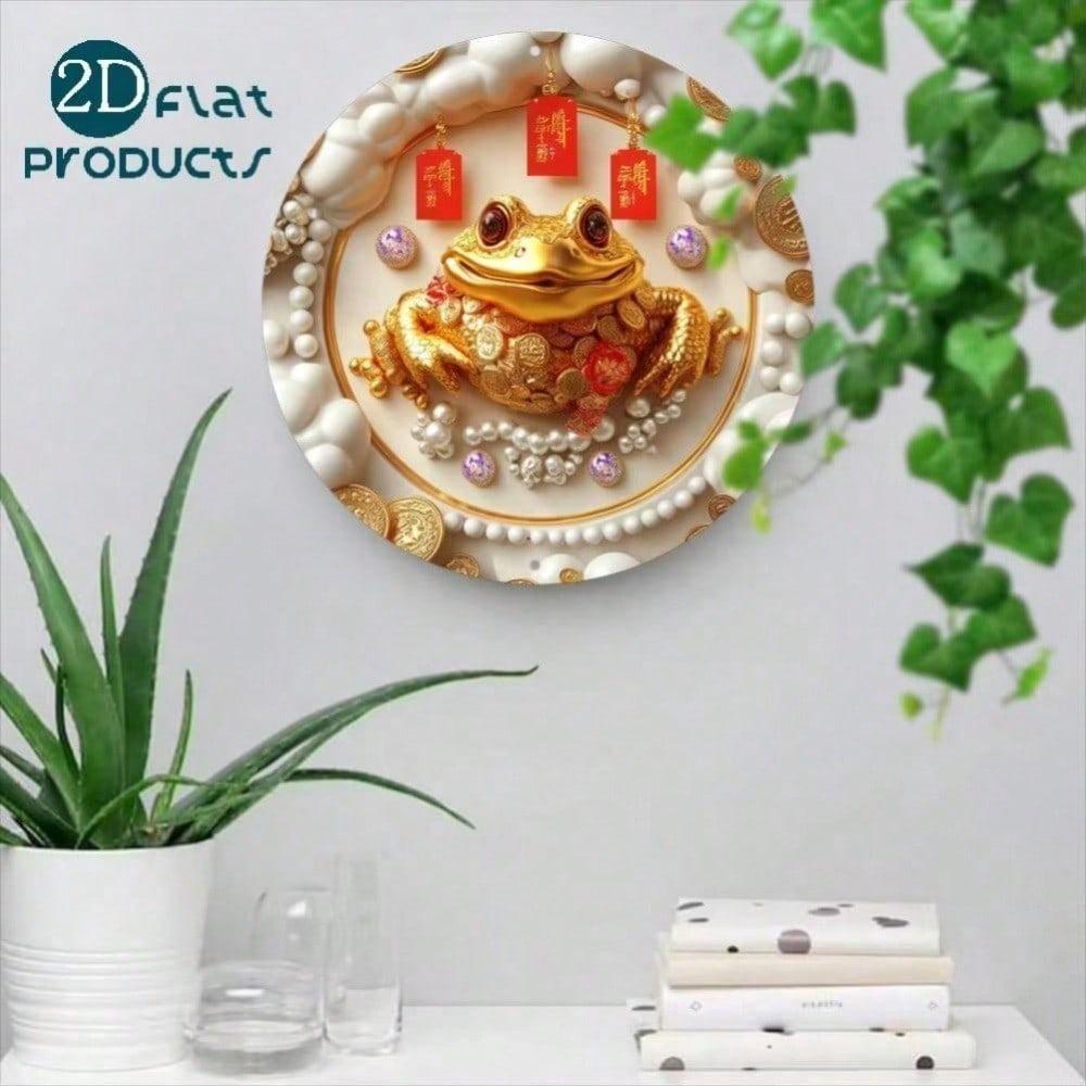 Golden Frog Round Metal Wall Art, Handmade 2D Home Decor for Living Room Bedroom, Unique Housewarming Gift