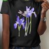 Solid color short sleeved T-shirt, purple iris and dragonfly print, retro floral print short sleeved T-shirt and round neck, women's T-shirt