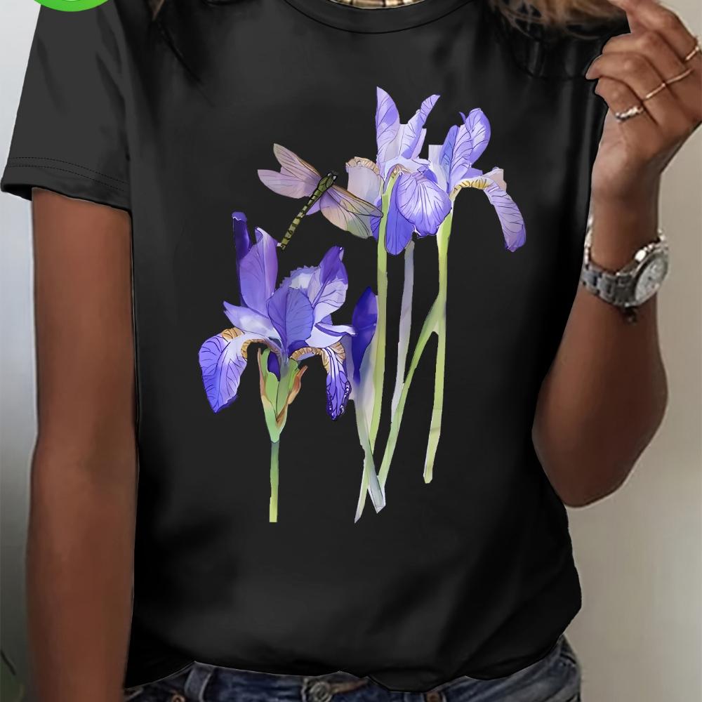 Solid color short sleeved T-shirt, purple iris and dragonfly print, retro floral print short sleeved T-shirt and round neck, women's T-shirt