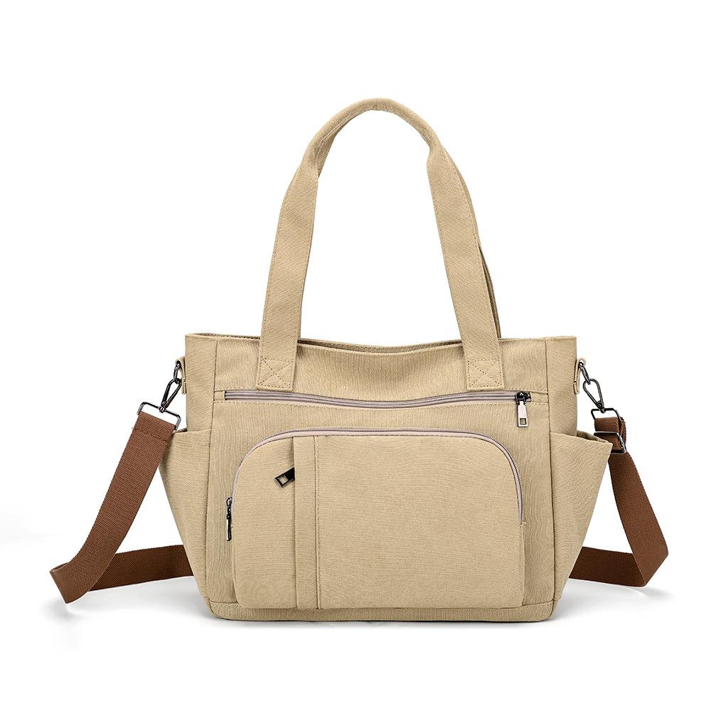 Bolsa Tote de Lona Color Sólida com Múltiplos Bolsos de Grande Capacidade Bolsa de Ombro Feminina Vintage para o Dia a Dia Bolsa Transversal
