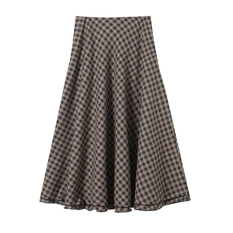 European and American Style, New Women's Clothing, Retro Plaid Temperament, Commuter Style, Horn, Half-body A-shaped Skirt