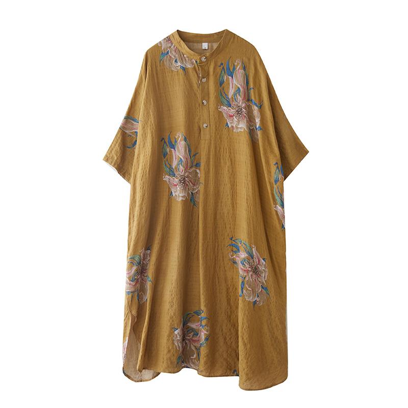 DIMANAF 2025 New Summer Women Linen Vintage Plus Size Long Dress Printing Casual Flower Loose Dress Maxi