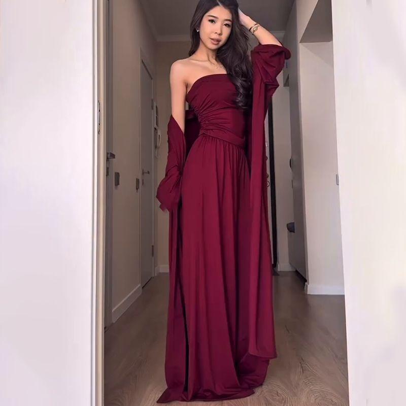 

2025 Европейский и американский Amazon Женская одежда Трансграничная Внешняя торговля Новинка Однотонный Длинный рукав Верхняя одежда Топ-труба Топ Длинное платье Комплект Burgundy XL