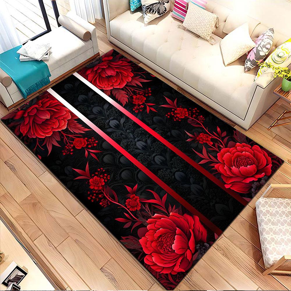 Elegant Red Floral Design On Black Patterned Carpet, Non Slip Mat Suitable for Living Room and Bedroom Sofas