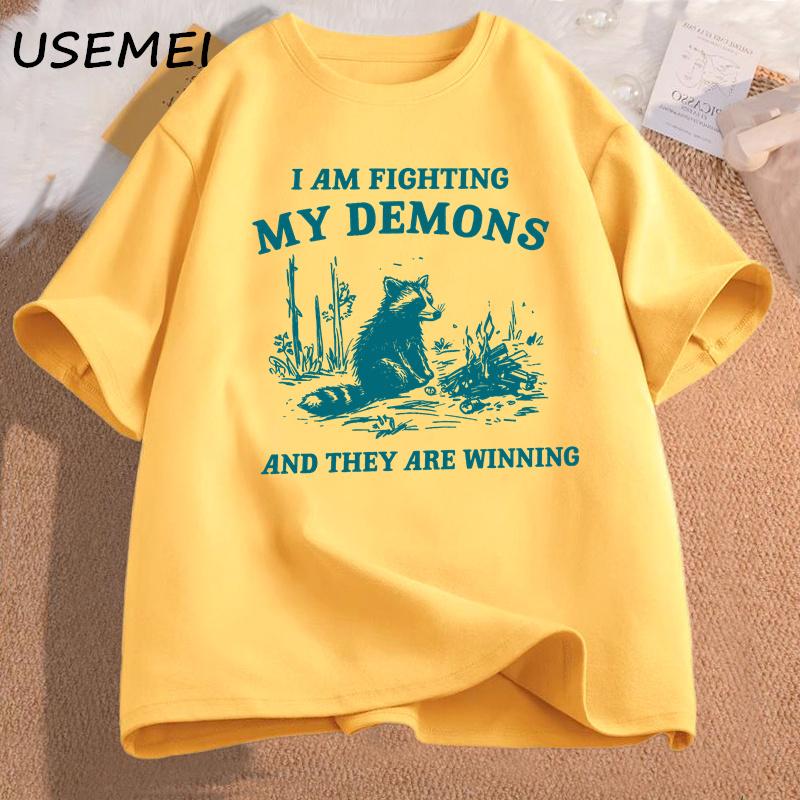 I Am Fighting My Demons Raccoon Meme T Shirts Funny Graphic Printed T-shirt Men Women Fashion Harajuku Retro T-shirt Cotton Top