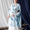 Women's Ethnic Print Retro Stand Collar Midi Shirt with Frog Button, Sun Protection, Loose Fit, Plus Size Outerwear.