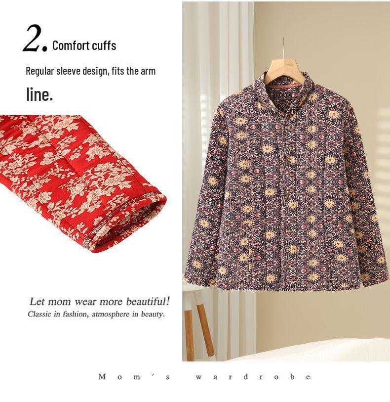 Mom's Floral Long-Sleeve Cotton Jacket for Middle-Aged and Elderly Women