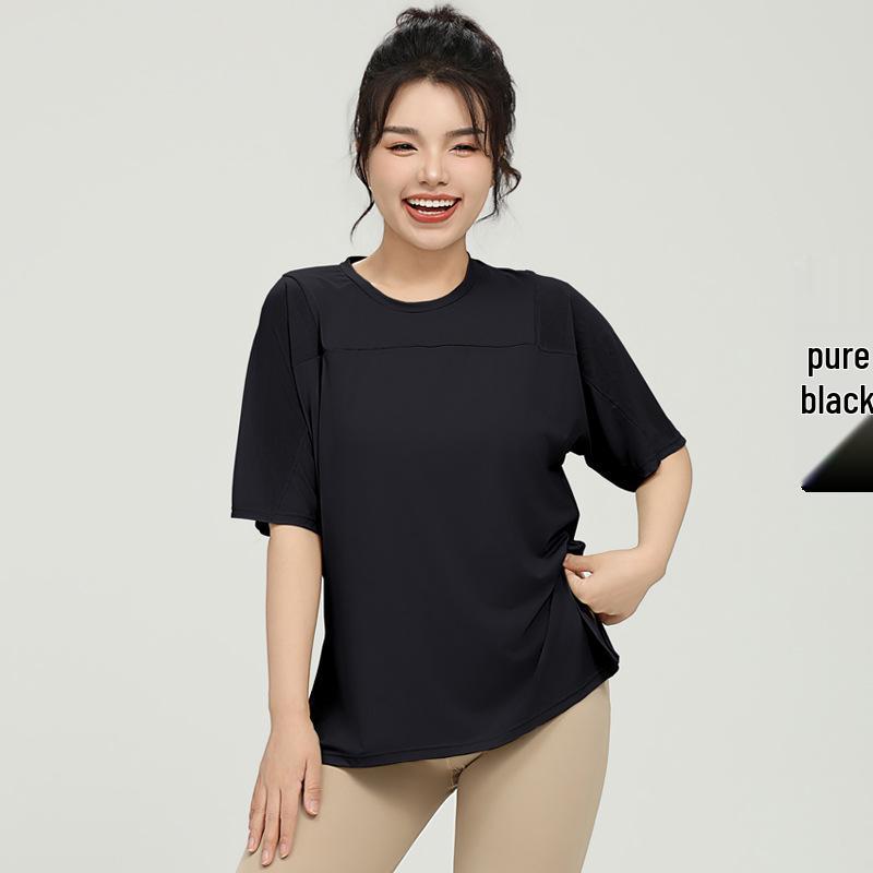 

Женский фитнес-топ большого размера быстросохнущий свободного кроя - Круглый вырез, короткий рукав S чёрный