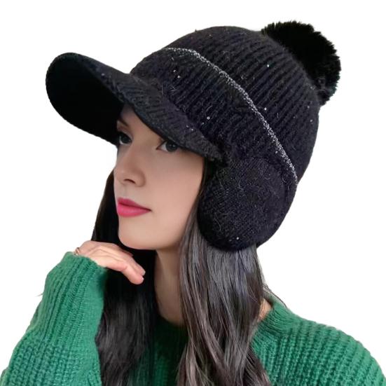 Knitting Hat Solid Color Plush Ball Decor Ear Protection Winter Hat Winter Thickened Warm Windproof Hat Headwear