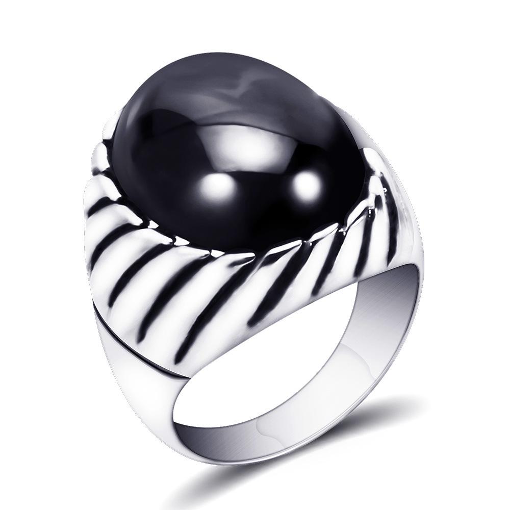 Retro European-American 20MM Bold Striped Rhinestone Stainless Steel Ring Size 10