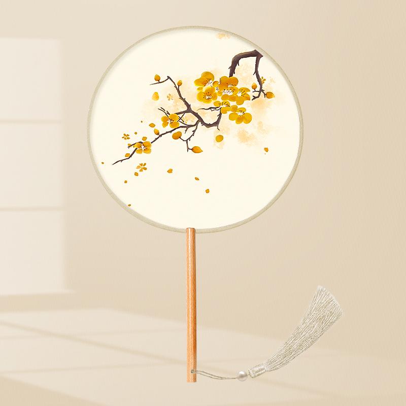 Girls' Summer Hanfu Dance Fan: Long Handle, Double-Sided Embroidered Round Fan for Traditional Costume
