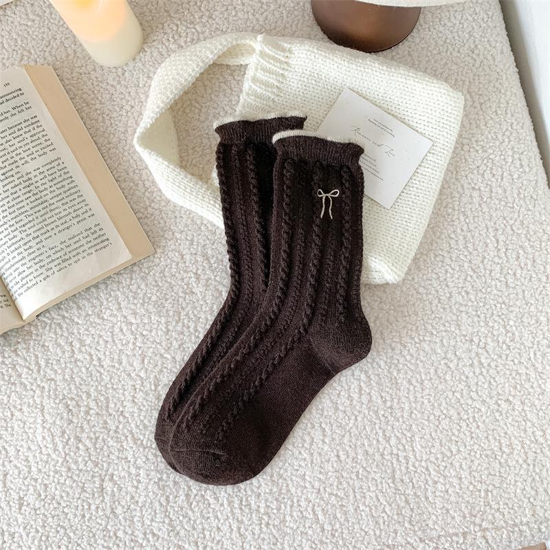 

Женские шерстяные носки: Новый осенне-зимний стиль, вышивка кружевом и бантом, флисовая подкладка, толстая вязка, теплые носки до середины икры Deluxe Packaging темный кофе