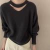 Women's V-Neck Halter Neck Pure Wool Sweater - Elegant Autumn/Winter Loose Knit Pullover